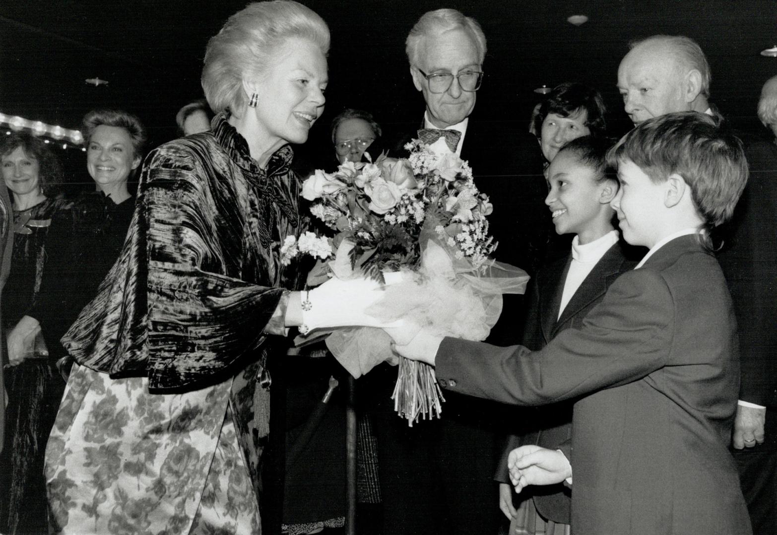 Flower for a Duchess, The Duchess of Kent, with National Ballet general manager Robert Johnston, gets a bouquet from National Ballet School students S(...)