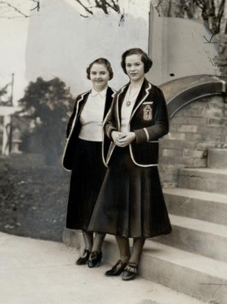 O.L.C. Girls off to coronation, Helen Higgins and Barbara Jones, two Ontario Ladies' Miss Higgins and Miss Jones will be two of 40 private school students