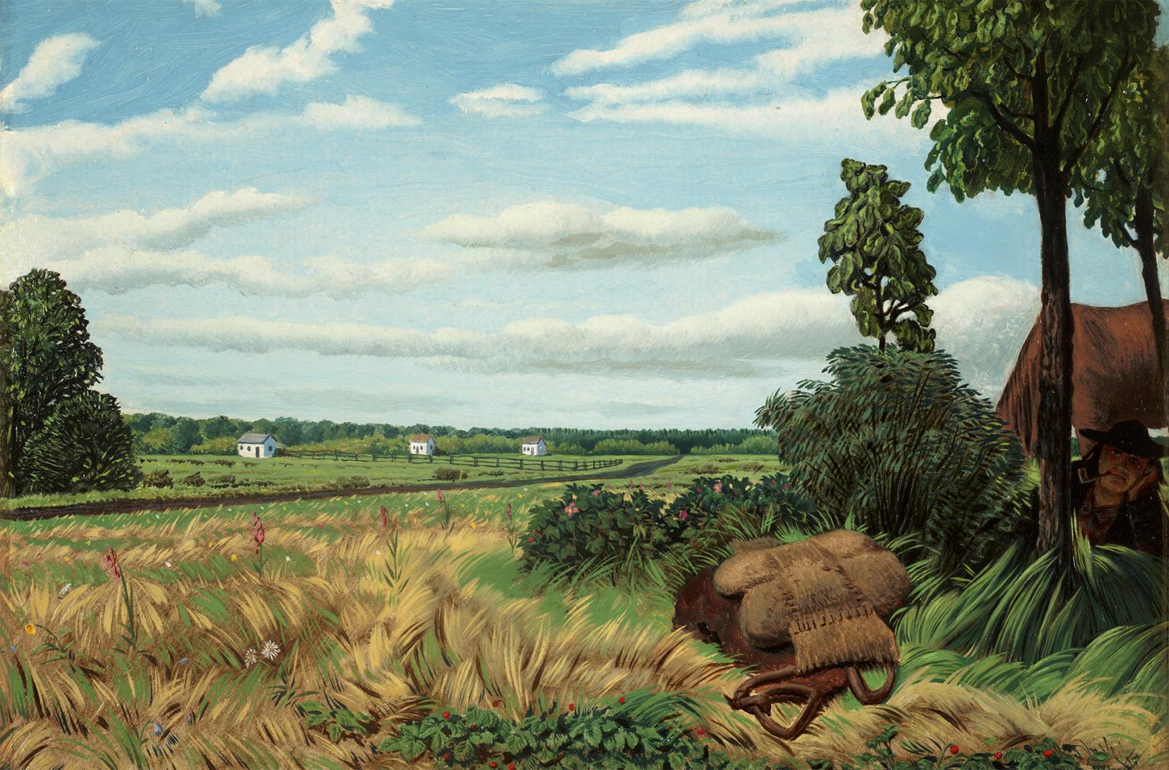 Shows a field with trees. On the right is the edge of a house, in the distance are three small …