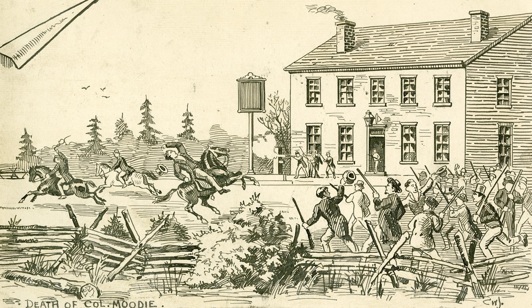 Painting shows shooting of Col. Robert Moodie in front of John Montgomery's tavern, Yonge Stree…