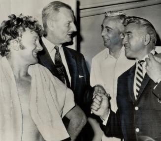 Lorne Greene, right, congratulates group: Andrew Duwnie, Tyrone Guthrie and Eric House hear praise