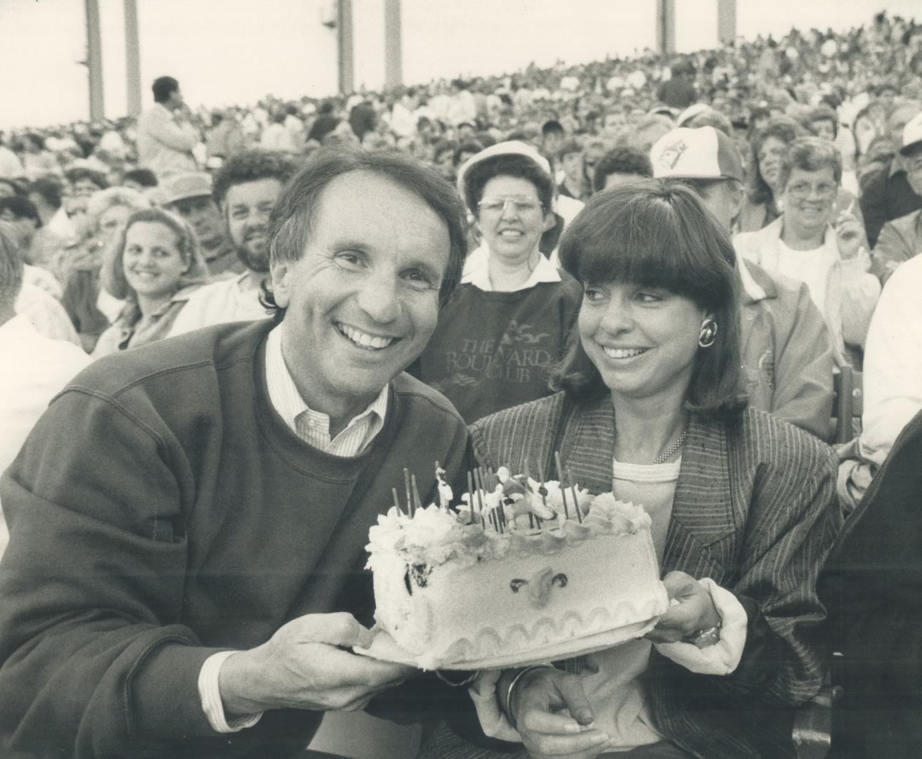 Carole Grossman, with husband Ontario Progressive Conservative leader Larry Grossman, celebrated her birthday at Exhibition Stadium last night as Blue(...)