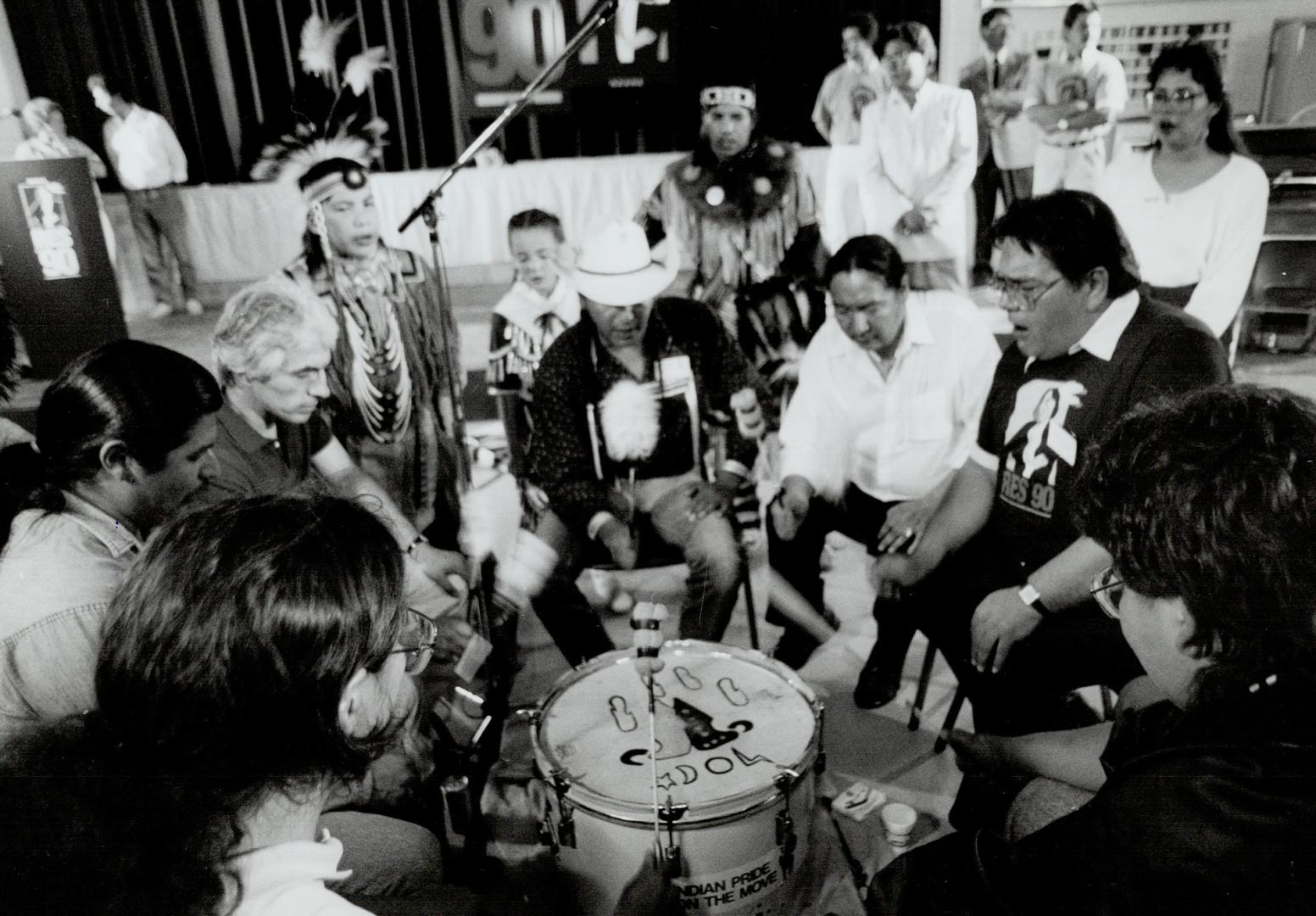 Elijah Harper, in white shirt, joined other native leaders in a traditional drum ceremony at Res 90, an economic development conference for Canada's natives