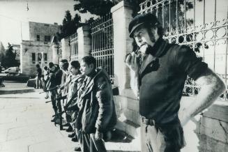 Map shows general route. Armed Israeli troops guard Manger Square, commercialism upset Harpurs