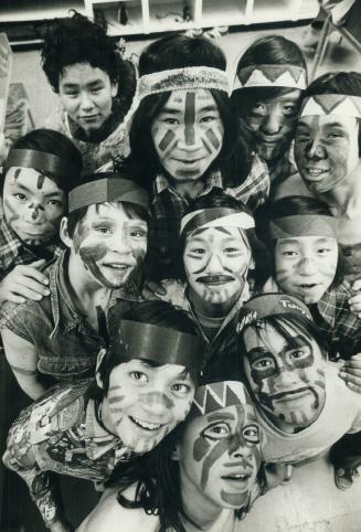 Eskimo kids dressed as Indians at Christmas concert, in Pangnirtung