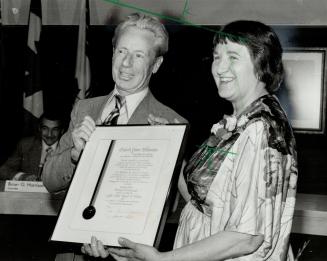 Civic award: Scarborough Mayor Gus Harris presents the borough's Civic Award of Merit to sculptor Elizabeth Fraser Williamson at the Civic Centre last night