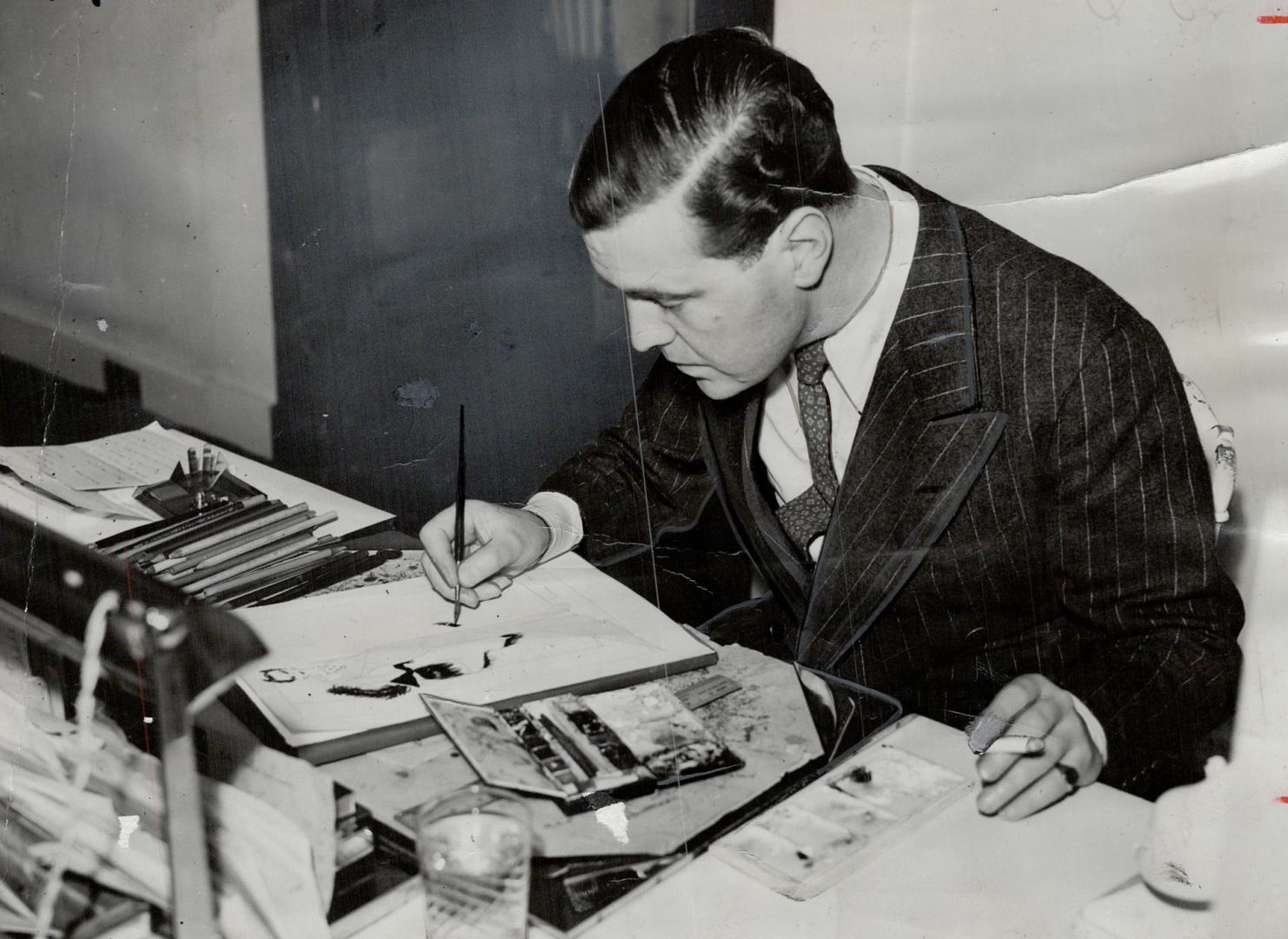 Norman Hartnell at work on a sketch of a gown for the Queen