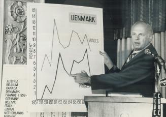 Paul Hellyer, a former Liberal cabinet member, points to the difference in Canadian and Danish wages in speech to the Burlington Chamber of Commerce l(...)