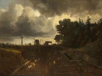 Second Toll Gate on Yonge Street, Toronto, Ontario. Image of an oil painting shows a road and t…