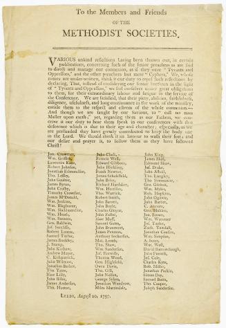 Printed text addressed "To the members and friends of the Methodist Societies", dated Leeds, Au…