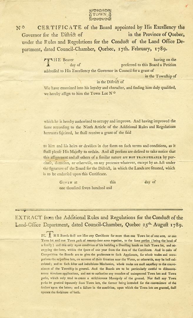 Town, no. ... certificate of the Board appointed by His Excellency the governor for the district of ... in the province of Quebec, under the rules and(...)