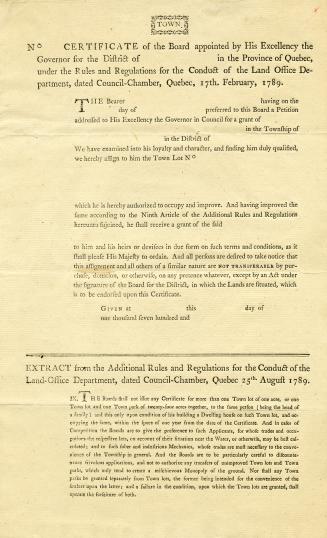 Town, no. ... certificate of the Board appointed by His Excellency the governor for the district of ... in the province of Quebec, under the rules and(...)