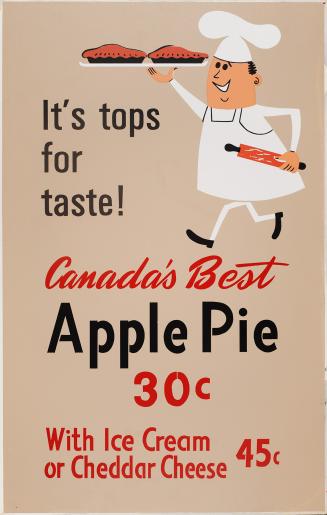 Cartoon image of a male chef walking and holding up a platter with two apple pies in his right …