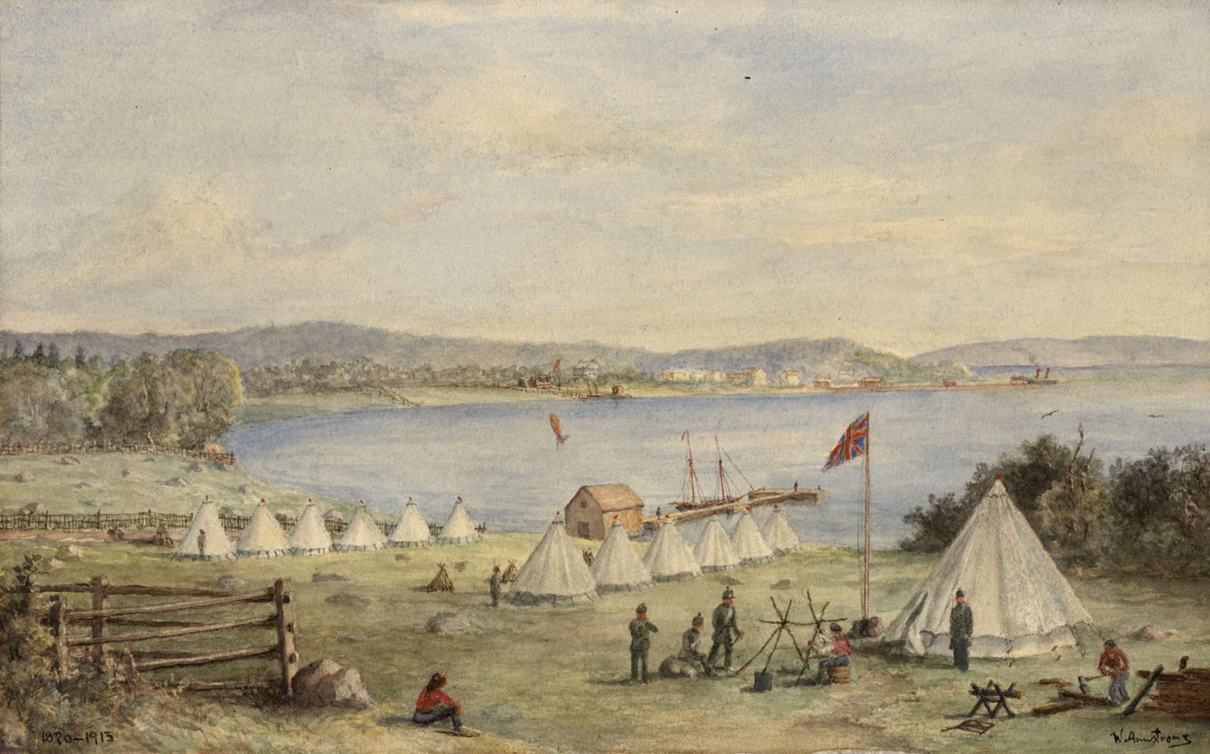 Shows an encampment on the water's edge. Several straight lines of conical tents, a red flag on…