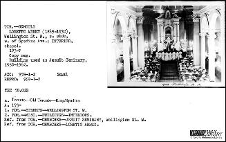 An old-fashioned card catalogue card bearing a small image of the interior of the chapel in Lor…