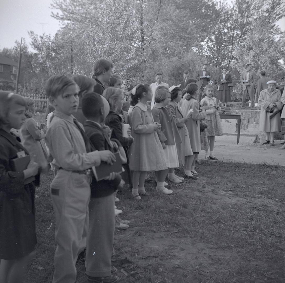 Group of children at sod turning ceremomy for Willowdale Baptist Church, Toronto, Ontario. Imag…