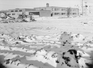 Daystrom Public School during construction, looking northwest, Toronto, Ontario. Image shows sc…