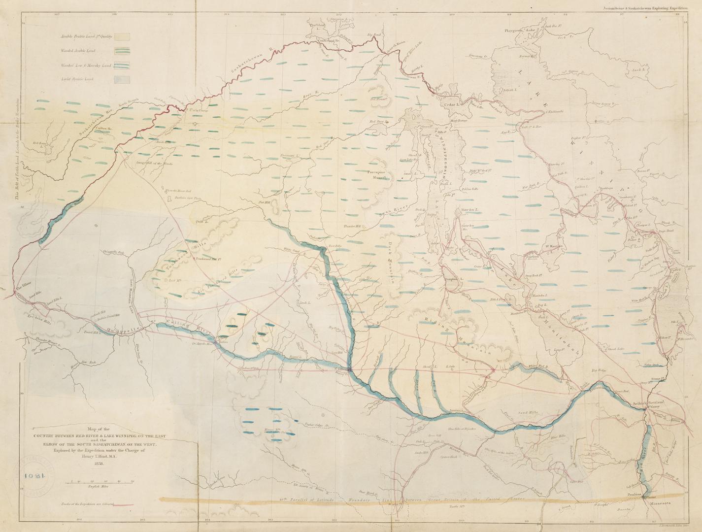 Map of the country between Red River & Lake Winnipeg on the east elbow of the South Saskatchewan, on the west, explored by the expedition under the charge of Henry Y. Hind, M.A.