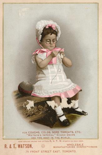 Illustration of a little girl in a white dress with a lacey collar, a big pink bow around her n…