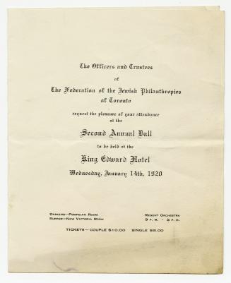 The officers and trustees of the Federation of the Jewish Philanthropies of Canada request the pleasure of your attendance at the second annual ball