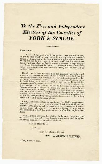 To the freeholders of the counties of York & Simcoe