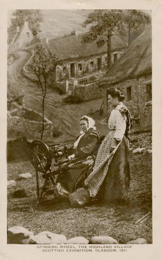 Spinning wheel, the highland village Scottish exhibition, Glasgow, 1911