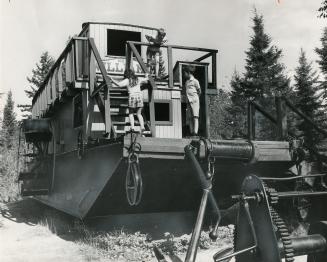 An alligator isn't necessarily something to be frightened about, these youngsters find at the Pioneer Logging Exhibit at Algonquin Park