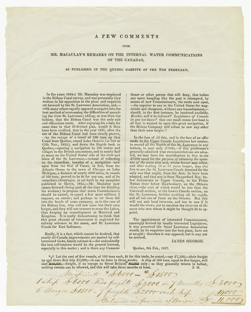 A few comments upon Mr. Macaulay's remarks on the internal water communications of the Canadas as published in the Quebec gazette of the 8th February