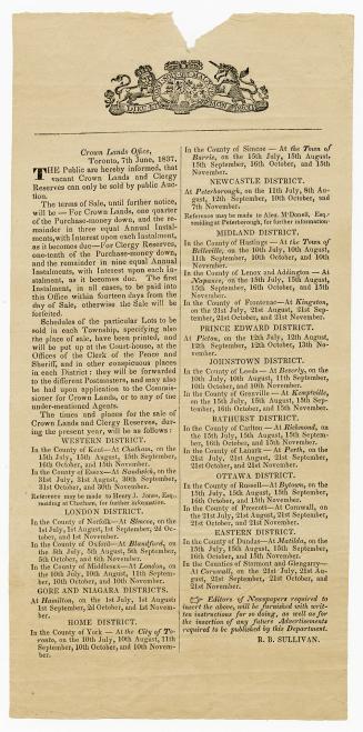 The Public are hereby informed, that vacant crown lands and clergy reserves can only be sold by public auction