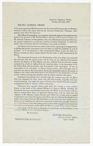 Militia general order : it has been reported to His Excellency the lieutenant governor, that two sentries, stationed at Brockville, lately fired into the American steam-boat Telegraph