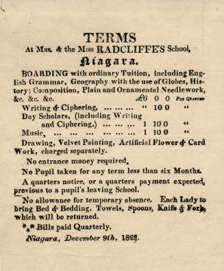 Terms at Mrs. & the Miss Radcliffe's school, Niagara