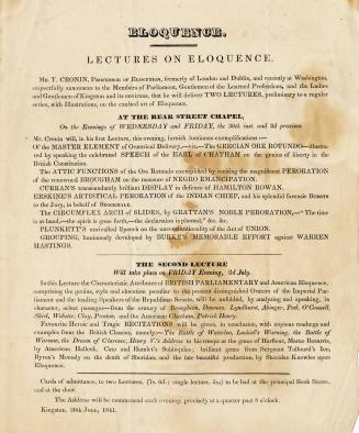 Eloquence : lectures on eloquence : Mr. T. Cronin, professor of elocution ... announces ... that he will deliver two lectures ... on the exalted art of eloquence