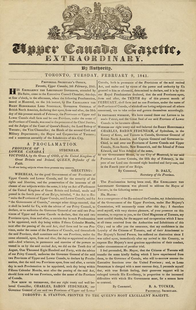 Upper Canada Gazette extraordinary : by authority, Toronto, Tuesday, February 9, 1841