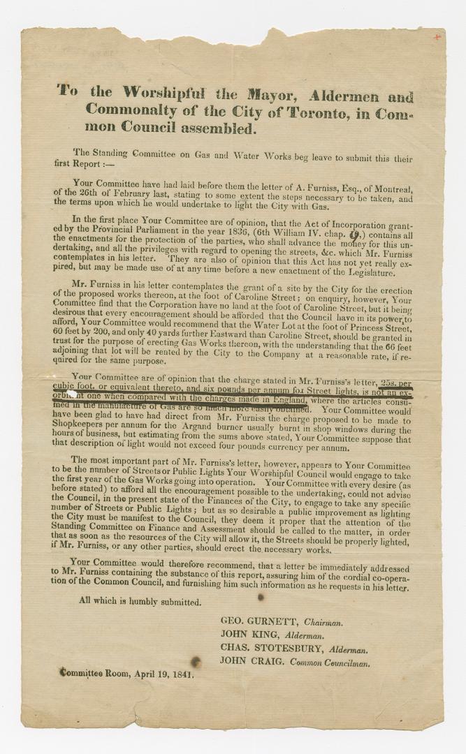 To the worshipful the mayor, aldermen and commonalty of the city of Toronto, in common council assembled, the Standing Committee on Gas and Water Works ...