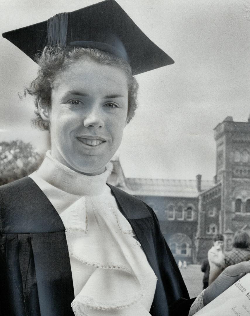 Miss Hoffman: B.A.: Abigail Hoffman: Canadian Olympic runner: proudly displays her BA degree in Political Science and Economics with first class honors received at Convocation Hall