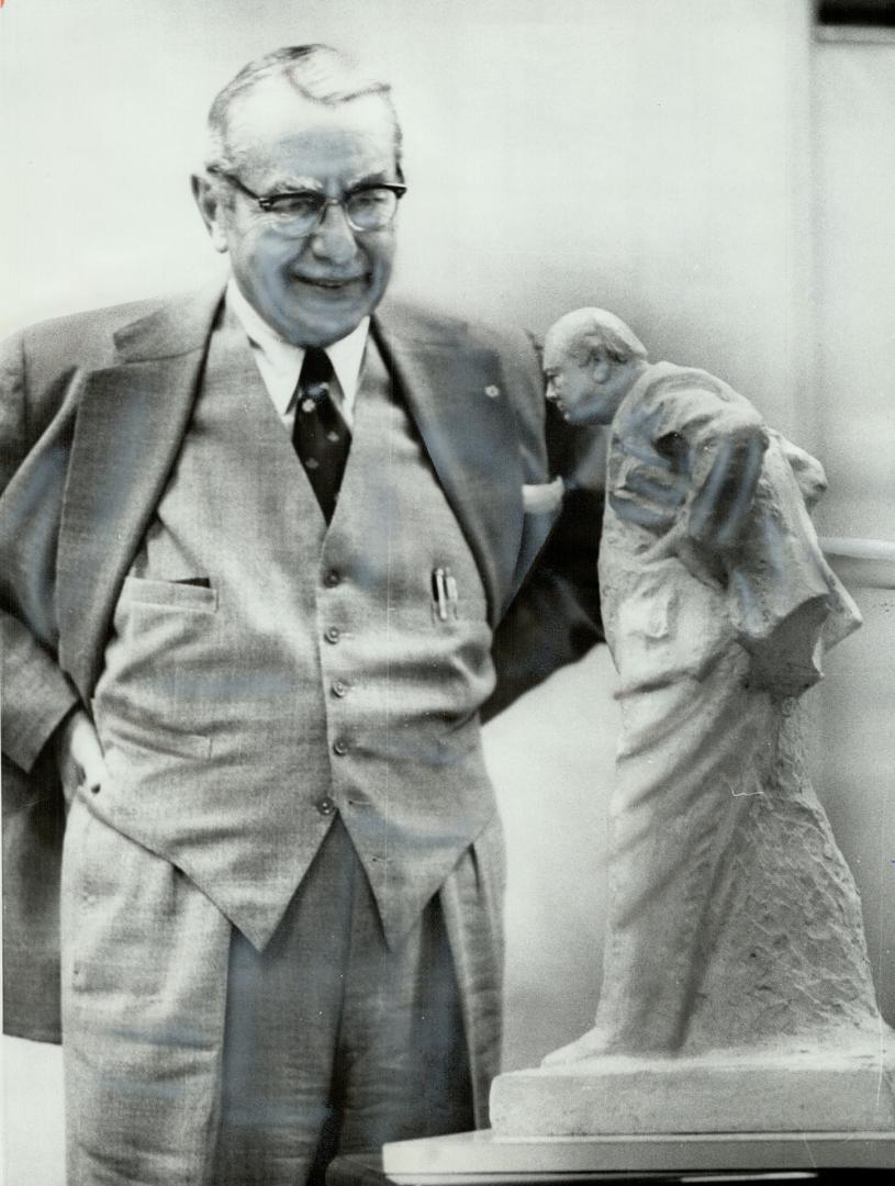 Toronto Financier Henry Jackman with model of Churchill statue, Cartoon insulated Jackman's generosity and Churchill's memory, reader contends