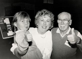 Happy victory: Vaughan Mayor Lorna Jackson celebrates election night with granddaughter Carolyn Shaw and father Peter Jeffrey