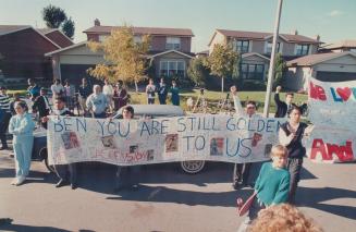 Students from Ascension of Our Lord school in Mississauga Ben Johnson's home in Scarborough yesterday