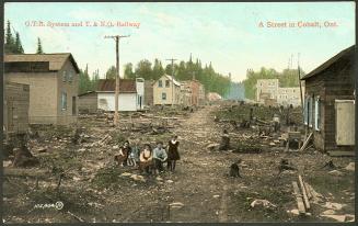 Five children and a black dog standing the middle of a street in a newly built town.