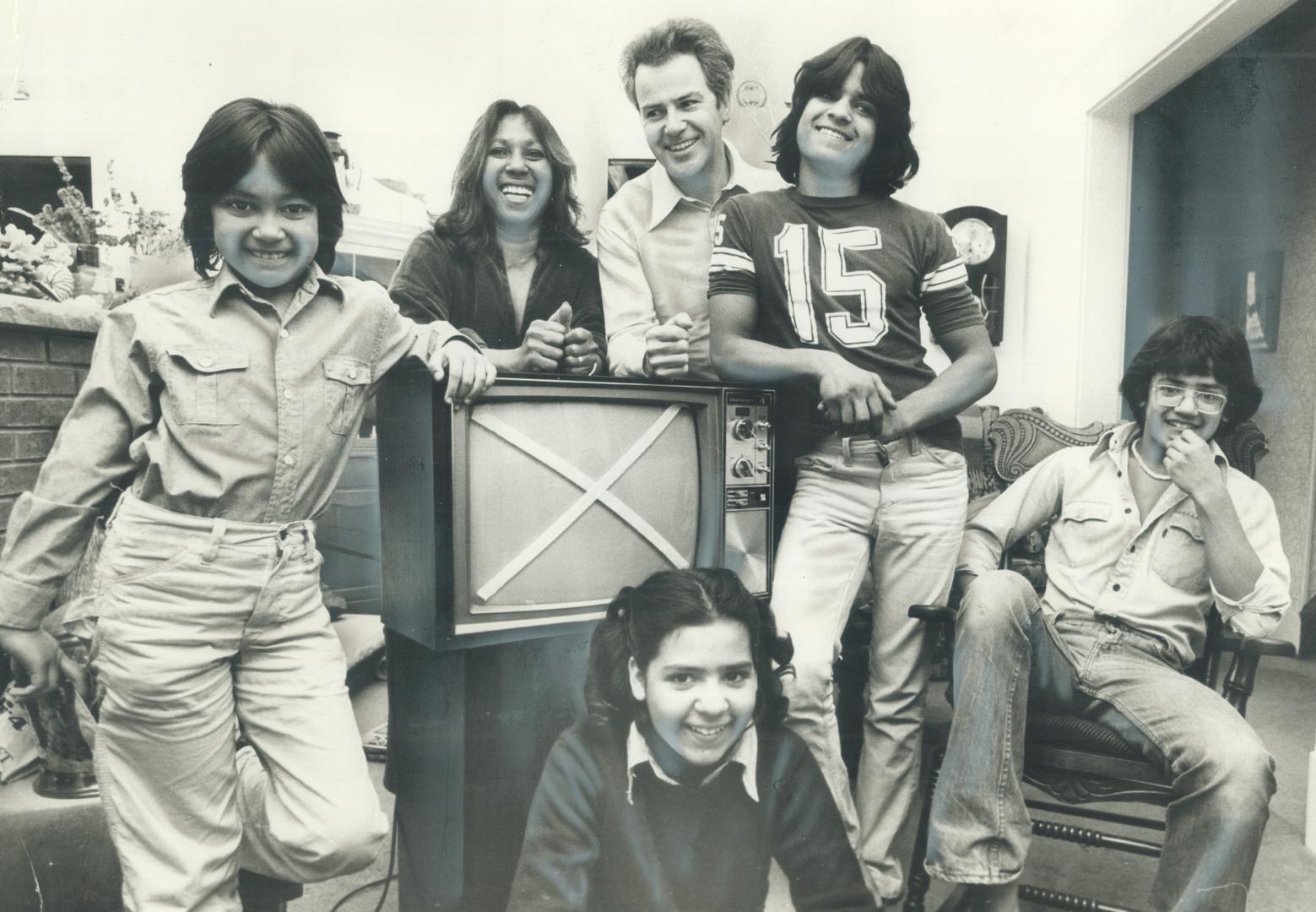 Joneses in self-imposed TV exile: Fazia, 9, Ayesha, Frank, Bryn, 15, Ivor, 14, and, seated front, Yasmin, 13