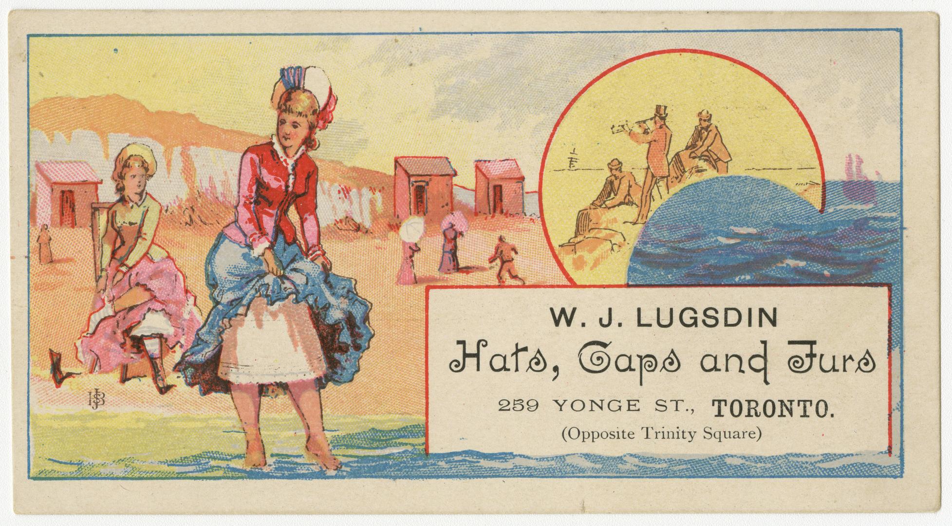 Illustration of a beach scene with two women in full dresses and hats. One woman is holding up …