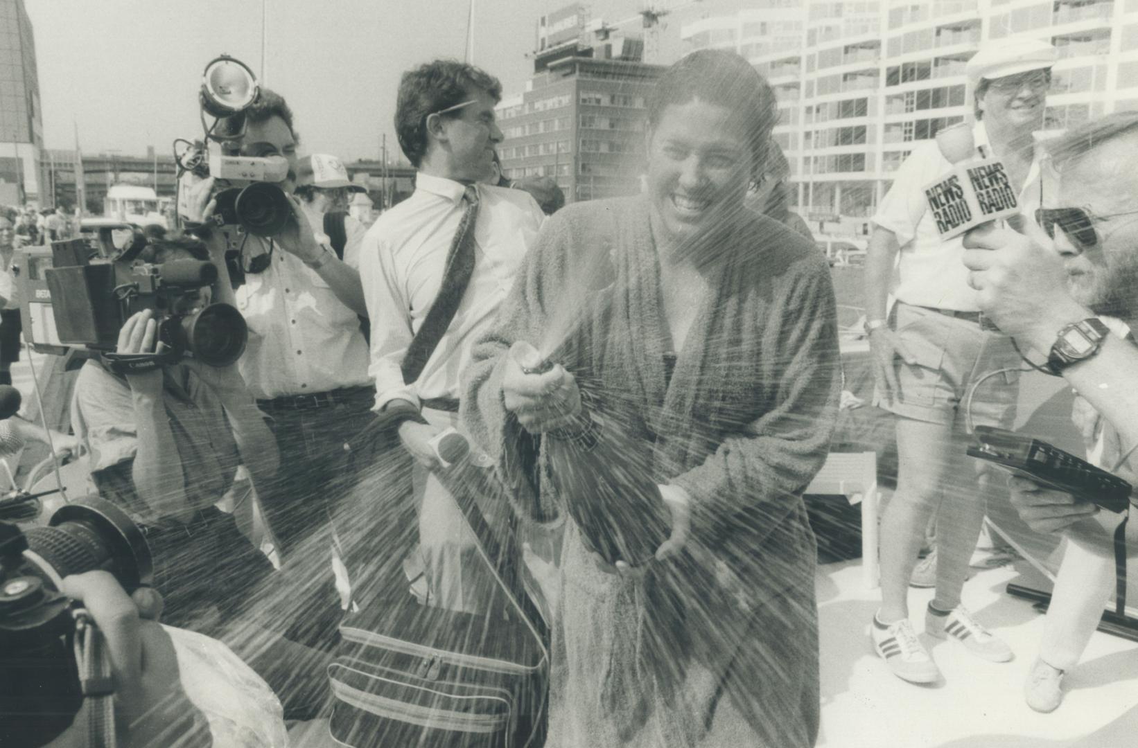 I feel great. I want to party,' the Kingston swimming instructor said after stepping ashore yesterday. So she broke out the champagne to let the assembled media join in