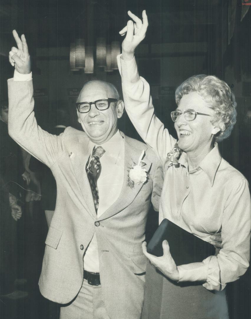 Incumbent MPP Douglas Kennedy and wife, Kay, wave to supporters at victory celebration in Port Credit Legion Hall after his easy win for Conservatives(...)