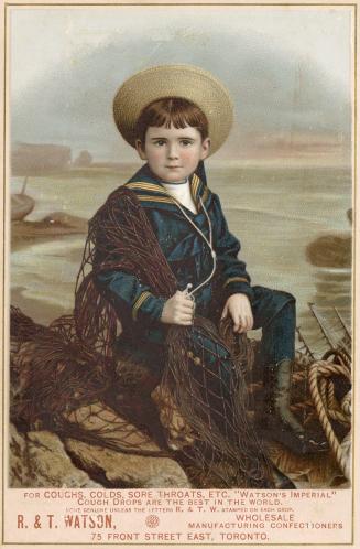 Illustration of a young boy in a sailor outfit sitting on a rock on the seashore holding a fish…