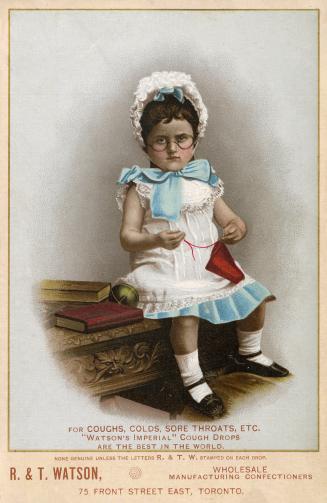 Illustration of a little
girl in a white dress with a blue petticoat, and a lacey collar. She i…