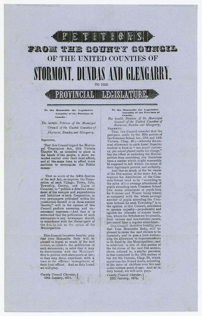 Petitions from the county council of the United Counties of Stormont, Dundas and Glengarry to the Provincial Legislature