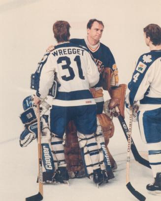 Ken Wregget consoles Blues goalie Greg Millen