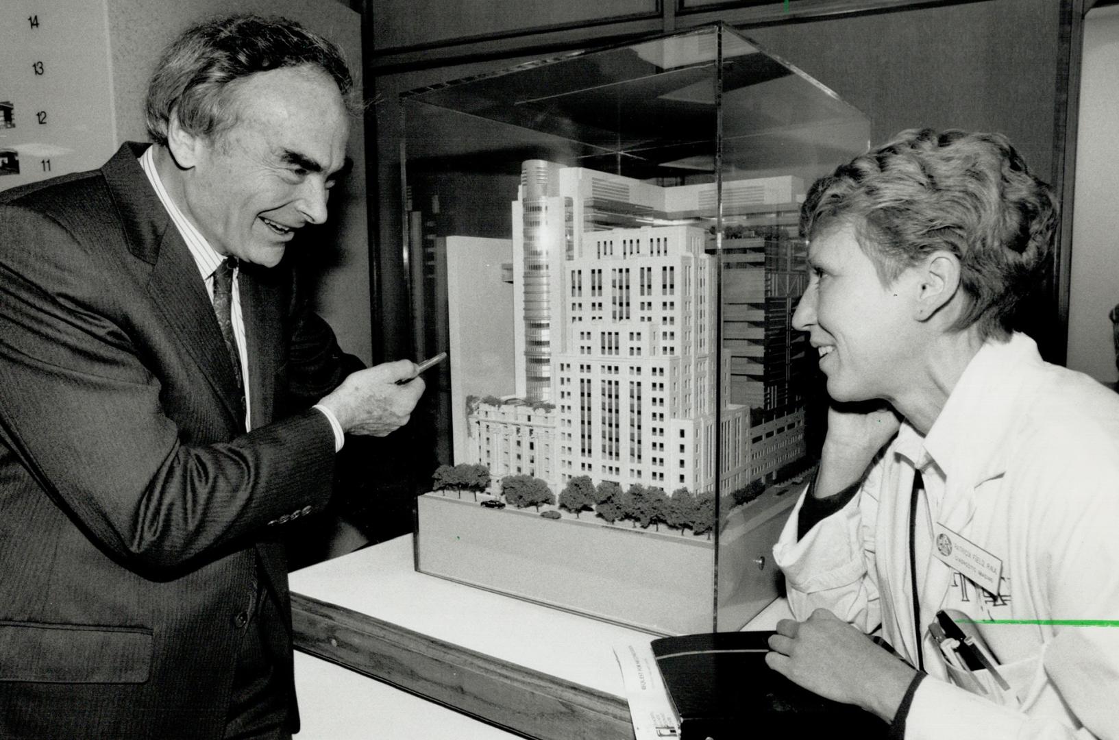 Hospital design unveiled, Architect Eberhard Zeidler shows off his design for the new Princess Margaret Hospital yesterday. A model of the interior, right, shows the open concept