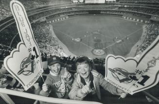 Kincardine fans Reid Emond, 10, and Ryan Walicki, 11, have a panoramic view of the Blue Jays' home opener last night from perches high in the SkyDome