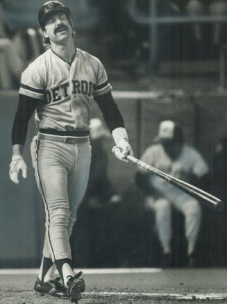 Gotcha! A disgusted Tom Brookens walks away from the plate after being struck out by Dave Stieb, right, during last night's game at Exhibition Stadium(...)